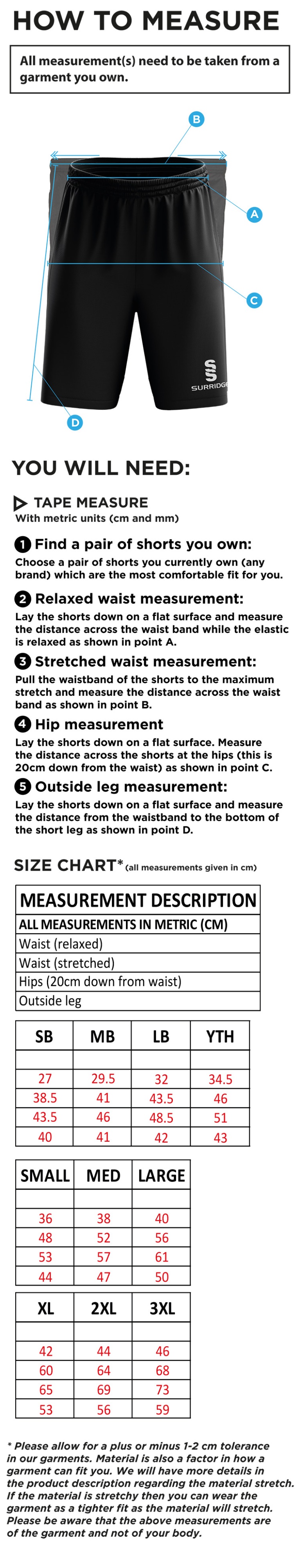 Old Rutlishians AFC Training Shorts - Size Guide