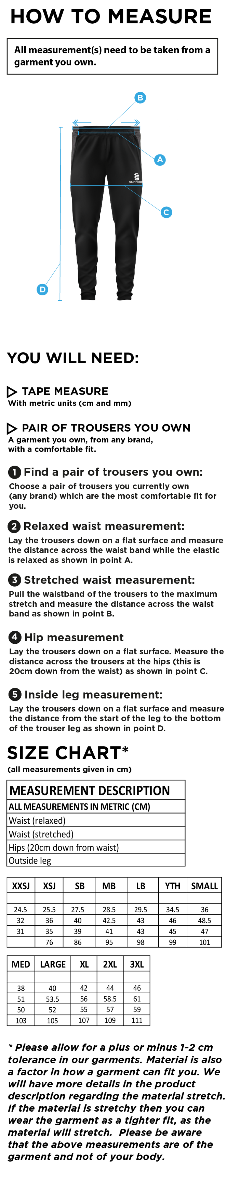 Old Rutlishians AFC TEK Pants - Size Guide